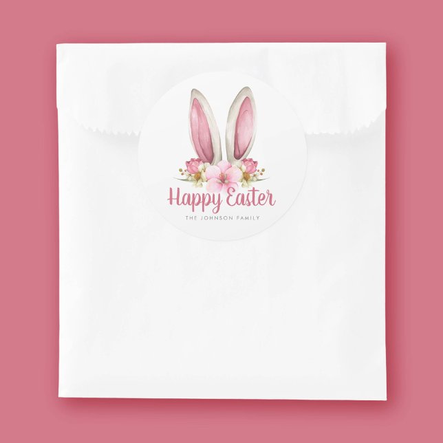 Sticker Rond Joli Lapin Rose Floral Oreilles Pâques (Cute Pink Floral Bunny Ears Happy Easter Classic Round Sticker)