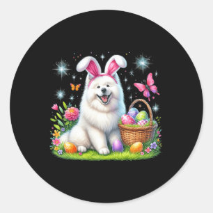 Sticker Rond Joli lapin Samoyé Chien Pâques Oeufs Pâques Pâques