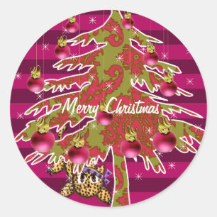 Sticker Rond Joli léopard d'anime sous l'arbre de Noël damassé