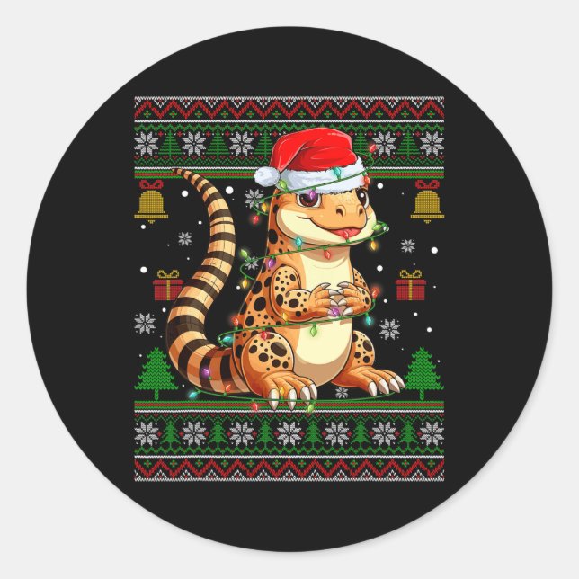 Sticker Rond Joli Leopard Gecko Santa Hat Laid Christmas (Devant)