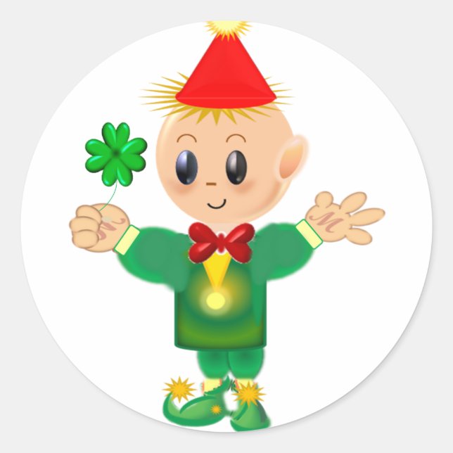 Sticker Rond Joli leprechaun de chance avec trèfle (Devant)