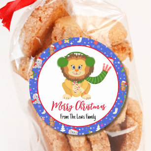 Sticker Rond Joli Lion Bébé Avec Zoo Joyeux Noël