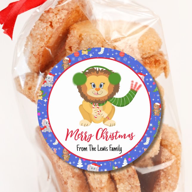 Sticker Rond Joli Lion Bébé Avec Zoo Joyeux Noël (Créateur téléchargé)