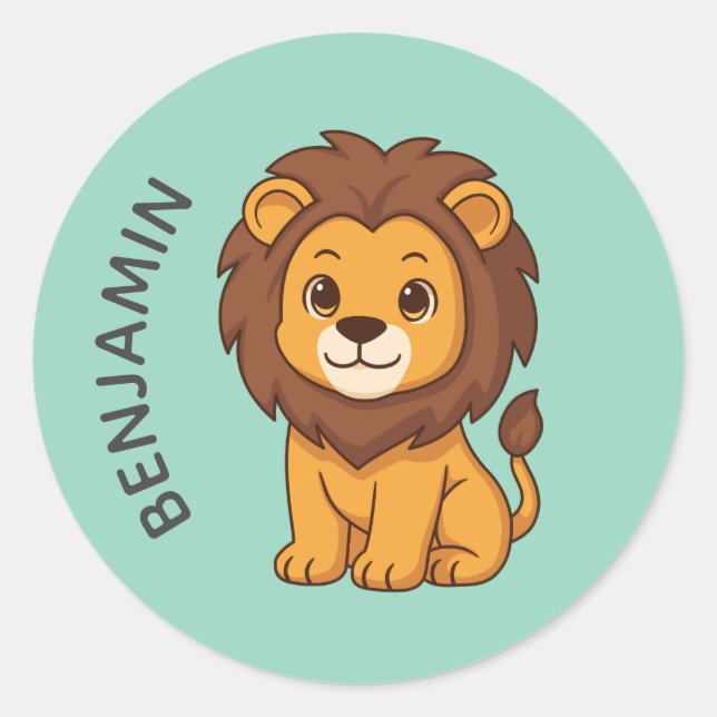 Sticker Rond Joli lion de dessin animé vert nom personnalisé (Devant)