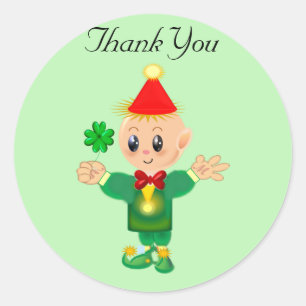 Sticker Rond Joli lutin chanceux avec trèfle Merci Carré