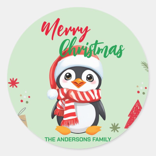 Sticker Rond Joli manchot de Noël Père Noël Scarf vacances (Devant)