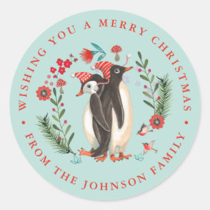 Sticker Rond Joli manchot Noël vacances Nom bleu