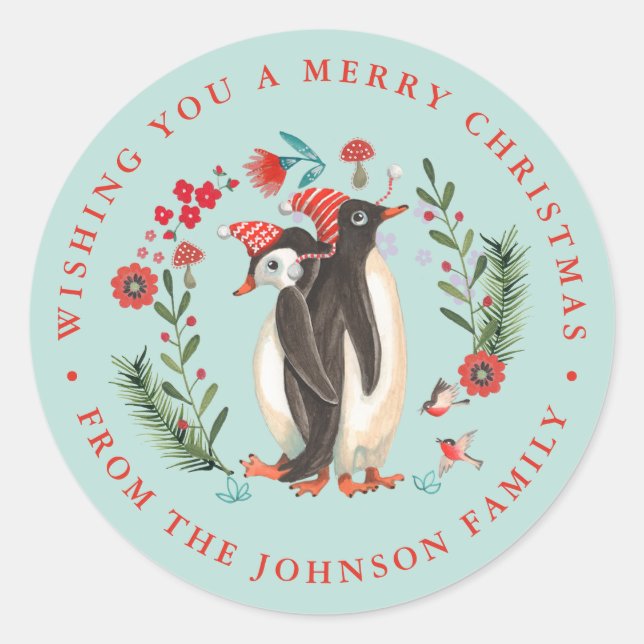 Sticker Rond Joli manchot Noël vacances Nom bleu (Devant)