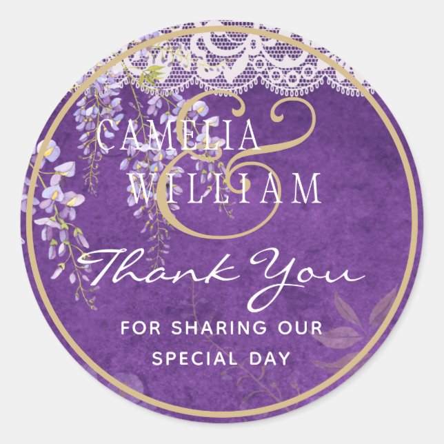 Sticker Rond Joli Mariage de dentelle WISTERIA violet rustique (Devant)