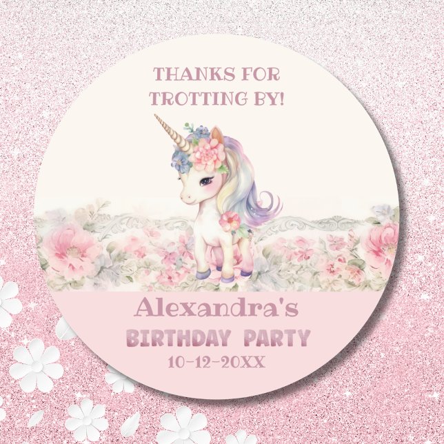 Sticker Rond Joli Merci d'anniversaire Fille Licorne Rose (Créateur téléchargé)