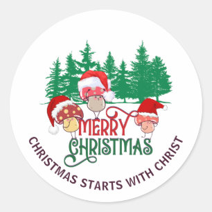Sticker Rond Joli MERRY CHRISTMAS MUSHROOM Christian