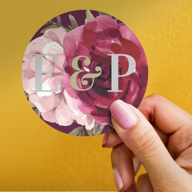 Sticker Rond Joli Monogramme Bourgogne Blush rose Mariage Flora (Créateur téléchargé)