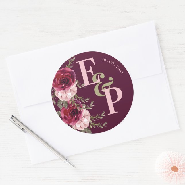 Sticker Rond Joli Monogramme Bourgogne Blush rose Mariage Flora (Enveloppe)