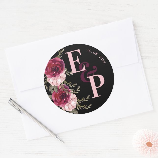 Sticker Rond Joli Monogramme Bourgogne Blush rose Mariage Flora (Enveloppe)