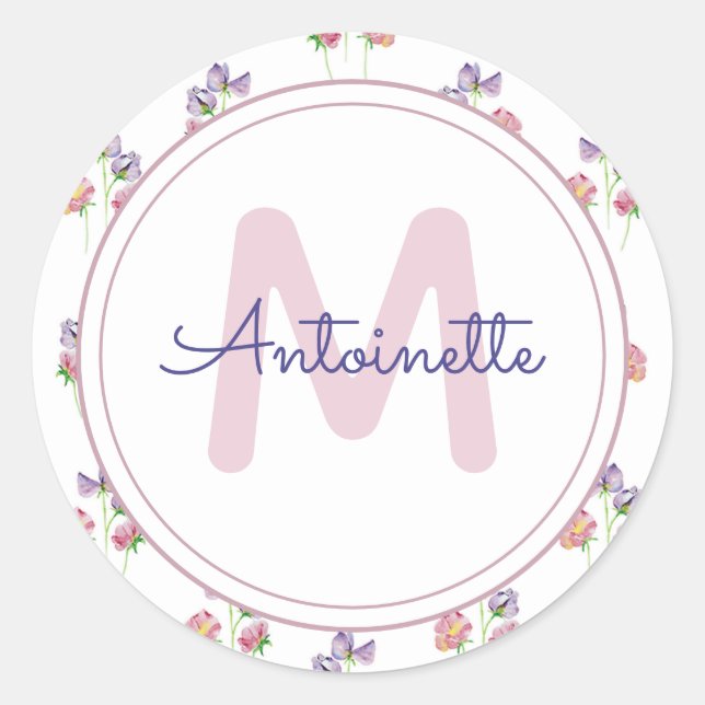 Sticker Rond Joli Monogramme Floral Pink Lavender Nom personnal (Devant)
