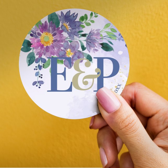 Sticker Rond Joli Monogramme violet bleu Mariage floral (Créateur téléchargé)