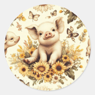 Sticker Rond Joli Motif de cochon de tournesol Vintage