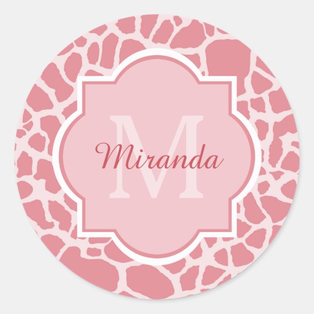 Sticker Rond Joli Motif de Giraffe Rose avec Monogramme et nom (Devant)