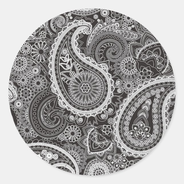 Sticker Rond Joli Motif noir blanc Paisley (Devant)