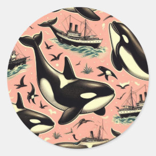 Sticker Rond Joli Motif Orca Vintage