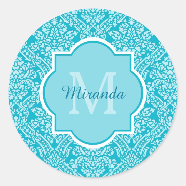 Sticker Rond Joli Motif Turquoise Damask Monogramme Avec Nom (Devant)