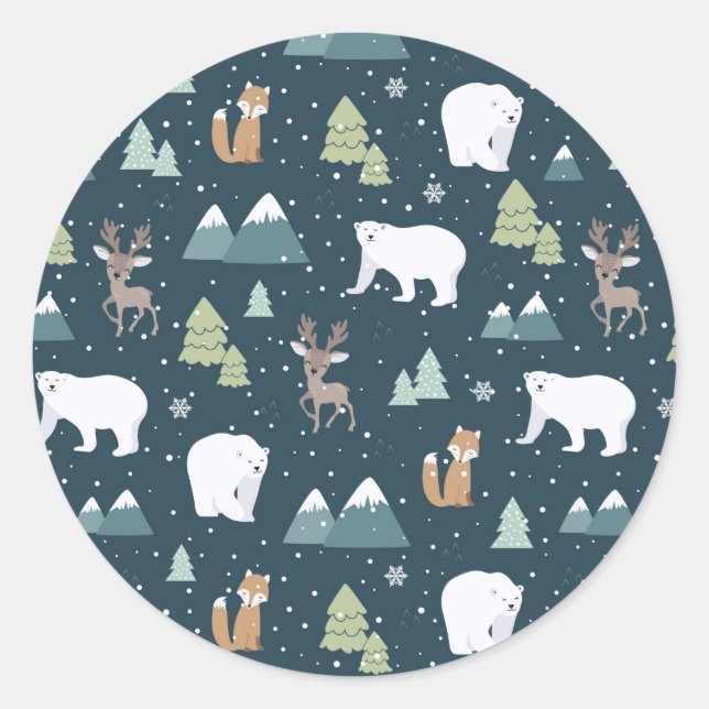 Sticker Rond Joli Noël Animaux d'hiver Motif rustique (Devant)