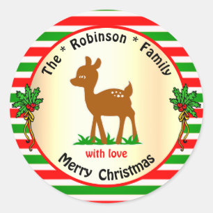 Sticker Rond Joli Noël Cerf Veau Rouge et Vert Grandes