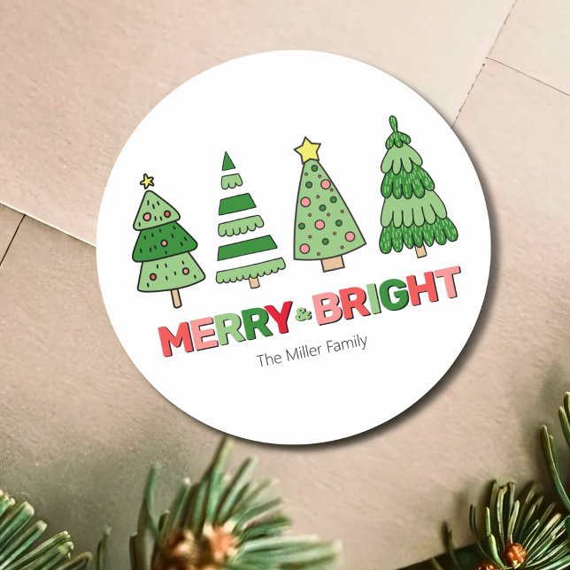Sticker Rond Joli Noël Coloré Joyeux Et Lumineux (Cute Colorful Christmas Merry And Bright Classic Round Sticker)