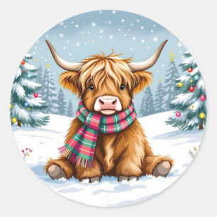 Sticker Rond Joli Noël de vache Whimsical Highland