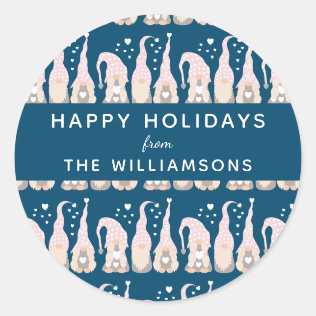 Sticker Rond Joli Noël Gnome Famille Bleu Personnalisé (Devant)