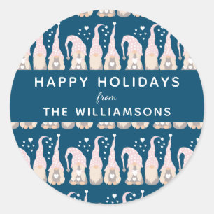 Sticker Rond Joli Noël Gnome Famille Bleu Personnalisé