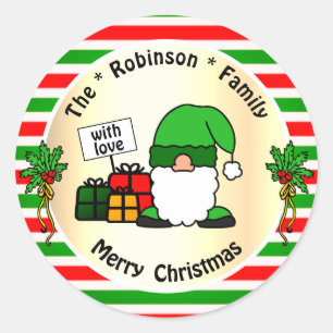 Sticker Rond Joli Noël Gnome Humour vert et rouge rayé