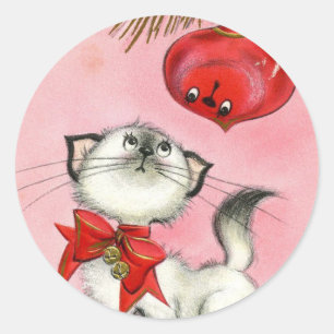 Sticker Rond Joli Noël Retro Chat Chat Vintage Chat Arbre rose