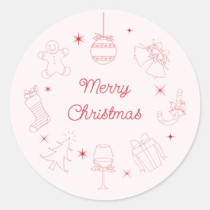 Sticker Rond Joli Noël Rose Rouge Dessiné à la Main Amusant