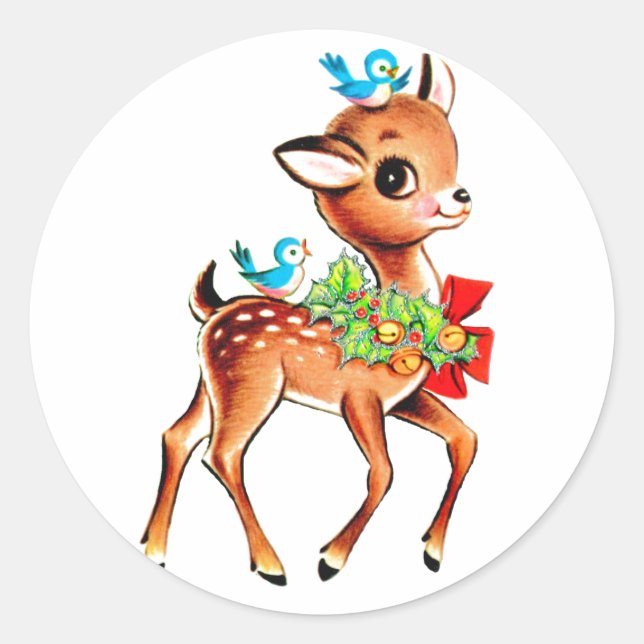 Sticker Rond Joli Noël Rouge Bow Green Holly Reindeer (Devant)