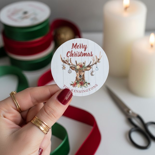 Sticker Rond Joli Noël Rustique Cerfs Ornements Vacances (Cute Rustic Christmas Deer Ornaments Holiday Classic Round Stickers)