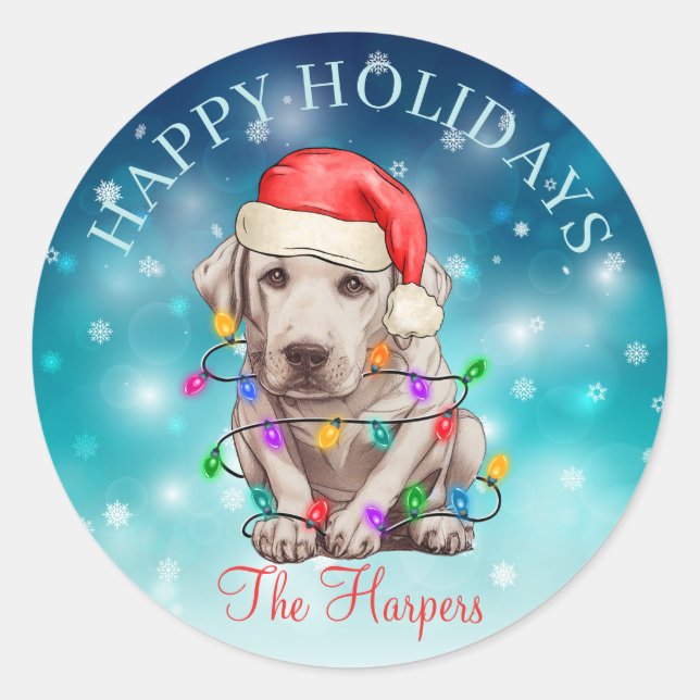 Sticker Rond Joli Noël Souhaitez Joyeuses Vacances Chien Animau (Devant)