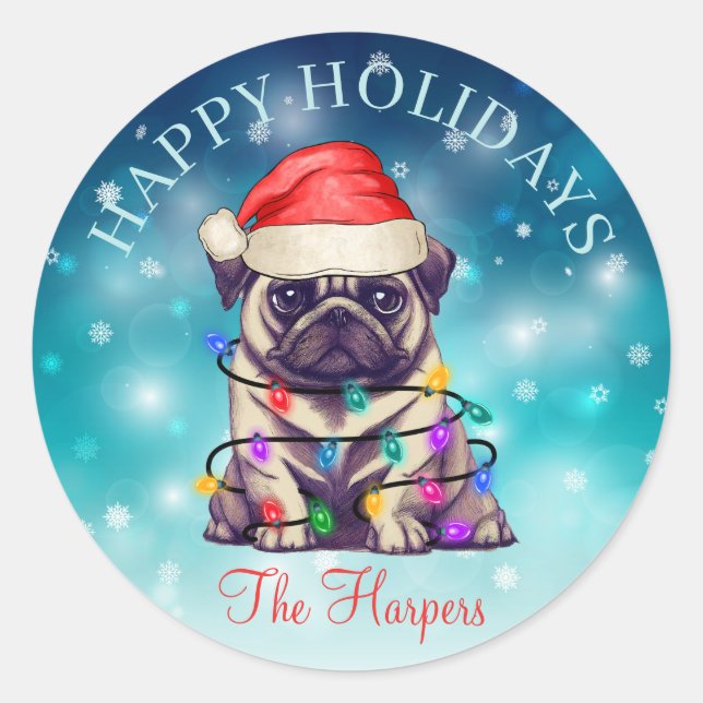 Sticker Rond Joli Noël Souhaitez Joyeuses Vacances Chien Animau (Devant)