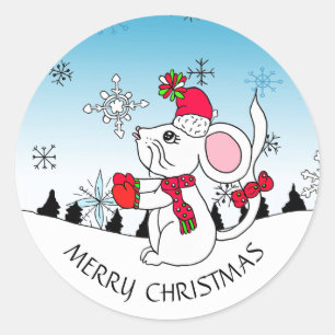 Sticker Rond Joli Noël Souris Souris Snowflakes