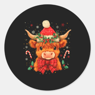 Sticker Rond Joli Noël Vache des Highlands Meuh Noël Génisse Sa