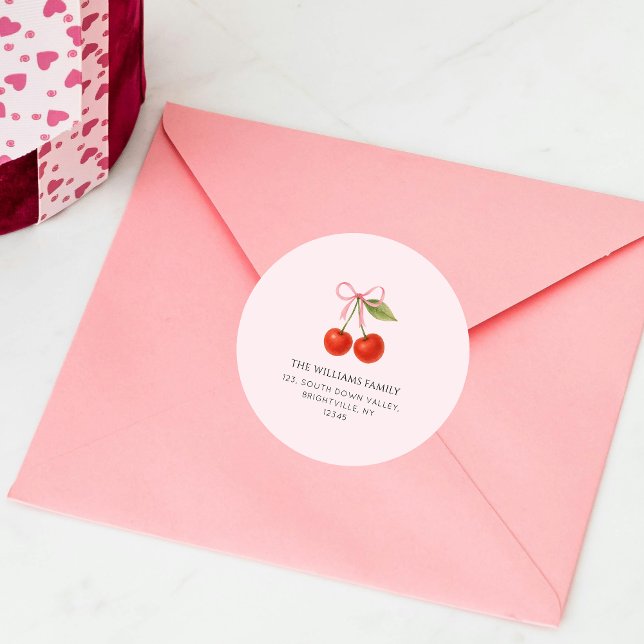 Sticker Rond Joli nœud papillon Cerise Coquette adresse de reto (Cute Cherry Bow Coquette return address Classic Round Sticker)