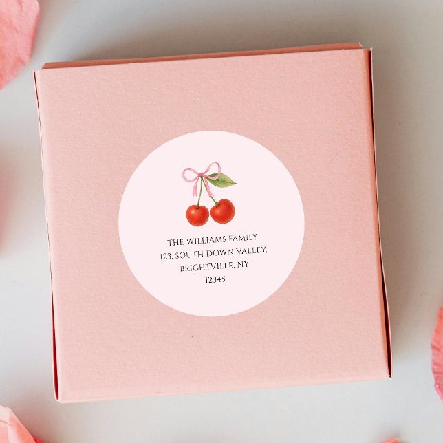 Sticker Rond Joli nœud papillon Cerise Coquette adresse de reto (Cute Cherry Bow Coquette return address Classic Round Sticker)