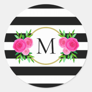 Sticker Rond Joli noir blanc rayé rose floral Monogramme
