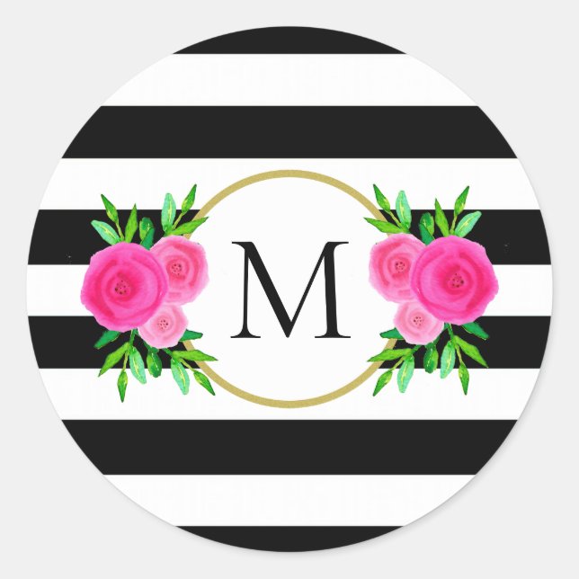 Sticker Rond Joli noir blanc rayé rose floral Monogramme (Devant)