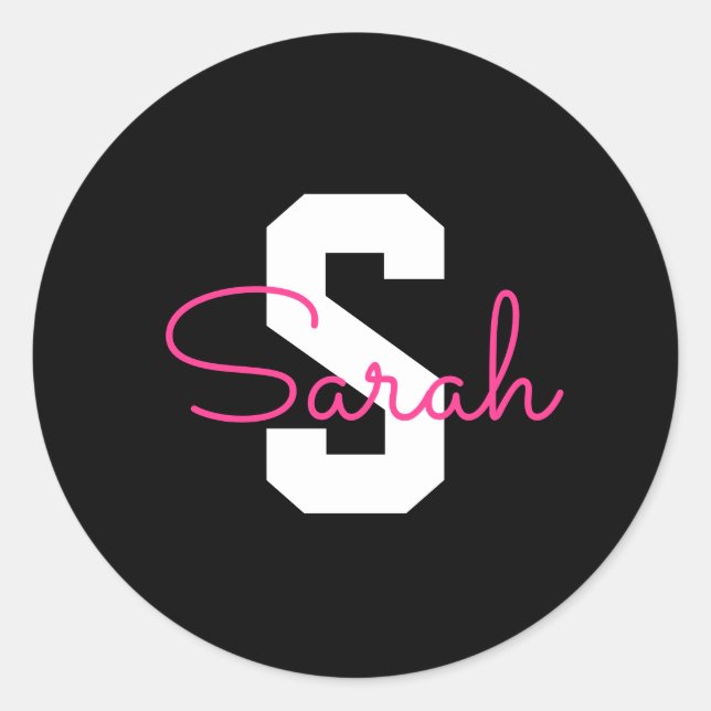 Sticker Rond Joli nom et monogramme | Noir Blanc & Rose (Devant)