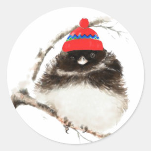Sticker Rond Joli oiseau d'hiver en Casquette, Noël, Humour, Ju