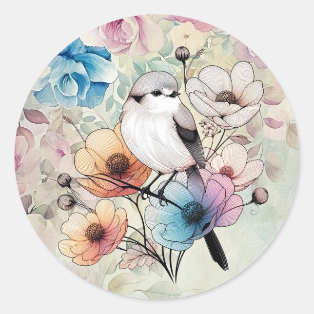 Sticker Rond Joli Oiseau Floral Aquarelle Printanière Pastel (Devant)