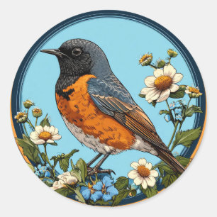Sticker Rond 🐦 Joli Oiseau Noir Avec Des Fleurs