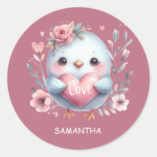 Sticker Rond Joli Oiseau rose Coeur Aimer Joyeux Saint Valentin