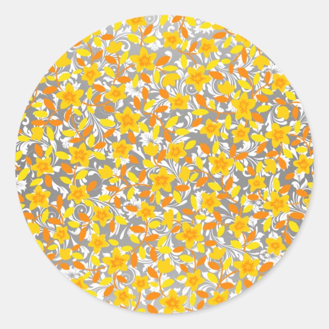 Sticker Rond Joli orange jaune fleurs blanches motif (Devant)